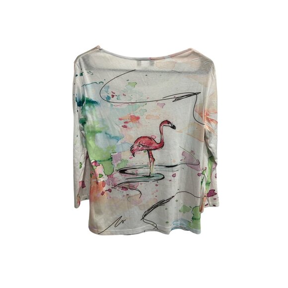 Impulse California Flamingo Print 3/4 Sleeve Top Sz Medium Scoop Neck Beach - Picture 2 of 10